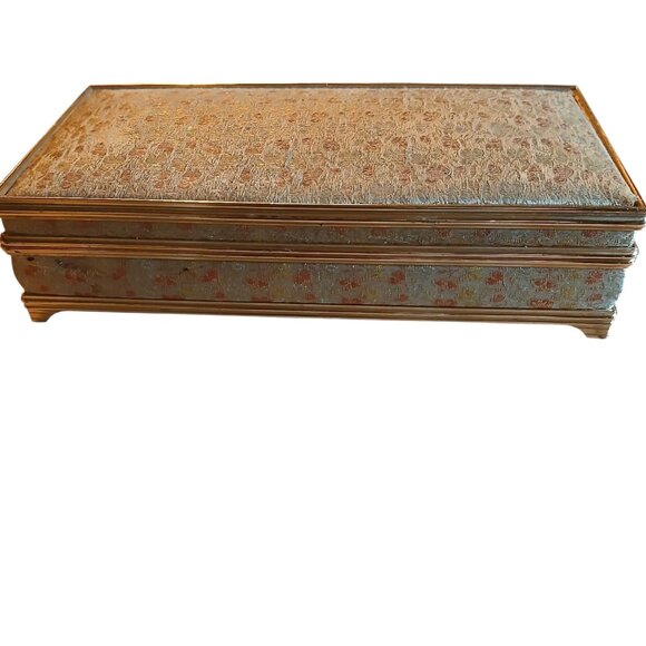 Hollywood Regency gold and rose tapestry gold tone metal jewelry box - Picture 1 of 6